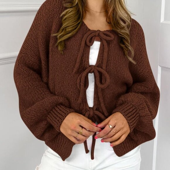Women's Tie Front Bow Cardigan Sweaters Chunky Knit Long Puff Sleeve Trendy Fall - Picture 4 of 8